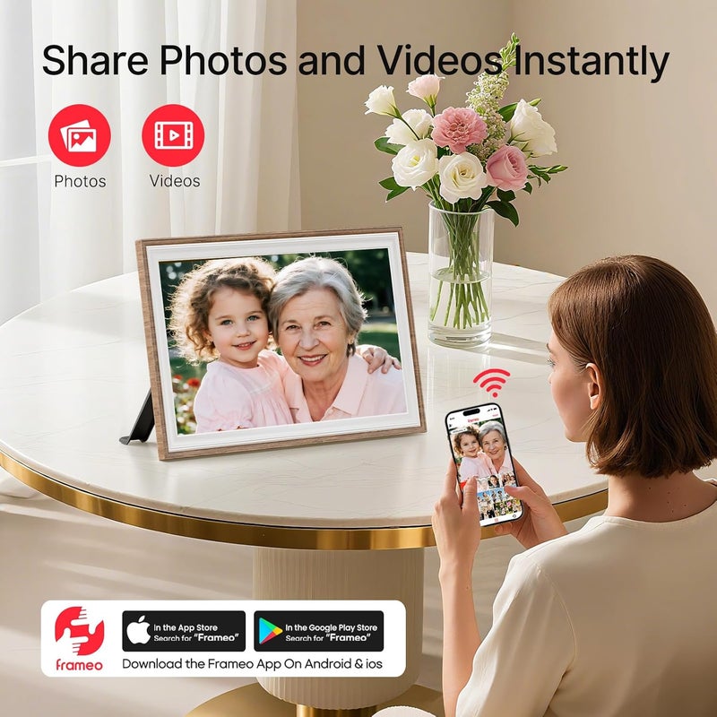 MaxAngel Frameo 10.1" Digital Picture Frame, Smart WiFi Digital Photo Frame with 1280x800 HD IPS Touch Screen 32GB Storage Auto-Rotate Wall Mounted, Share Photos/Videos Remotely(Brown&White) - Image 2